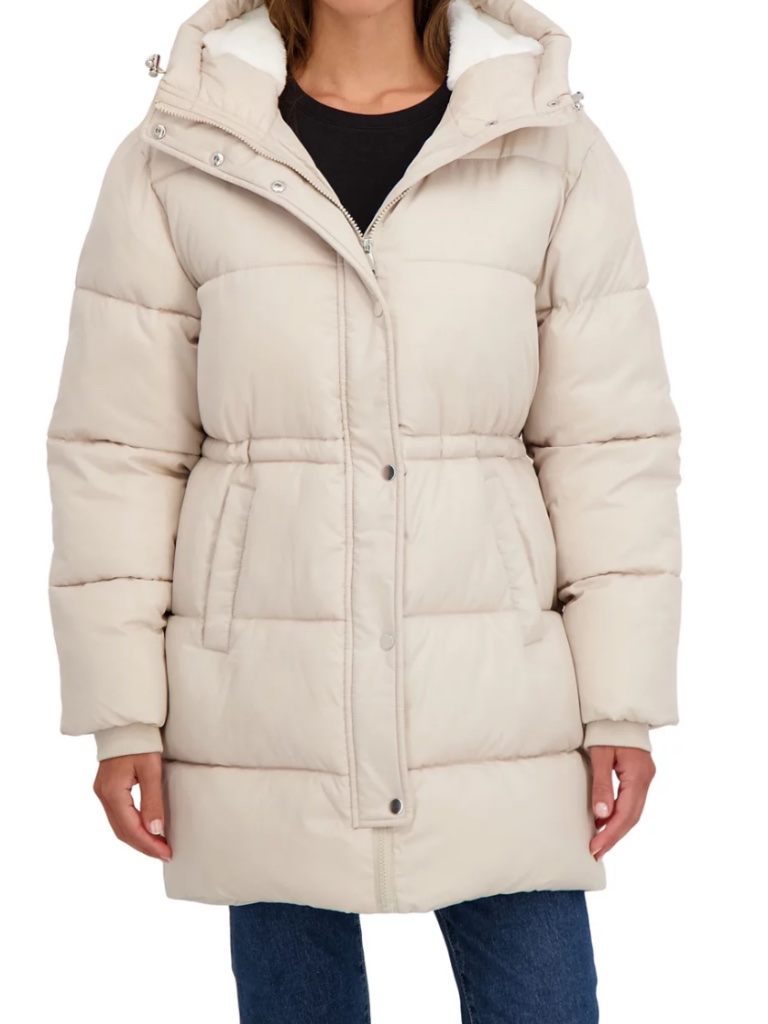 Women's Hooded Puffer Coat In Light Beige - Insulated Winter Jacket